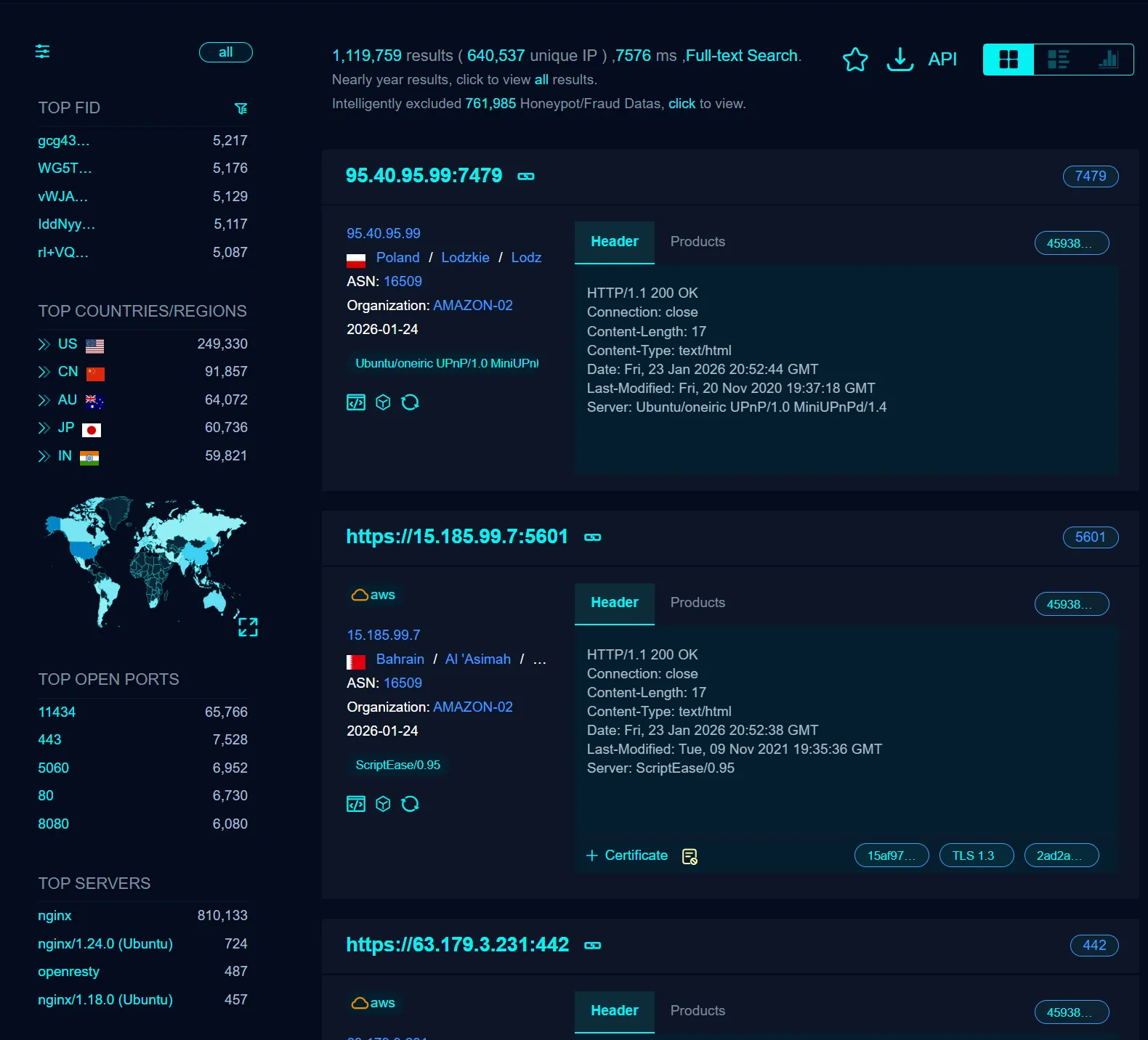 FOFA.info search results displaying over 600,000 exposed Ollama instances