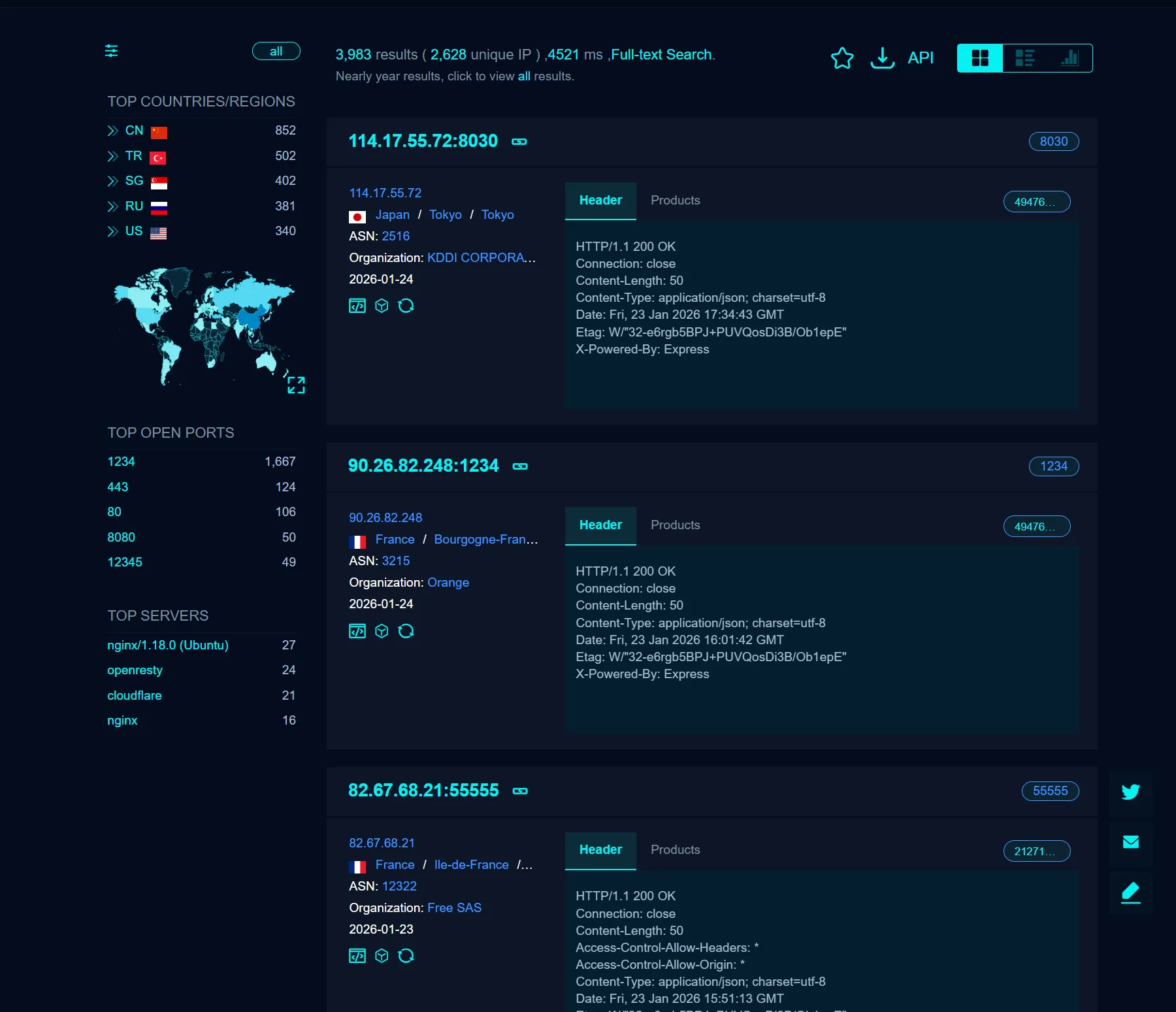 FOFA.info search results displaying over 3,000 exposed LM Studio instances