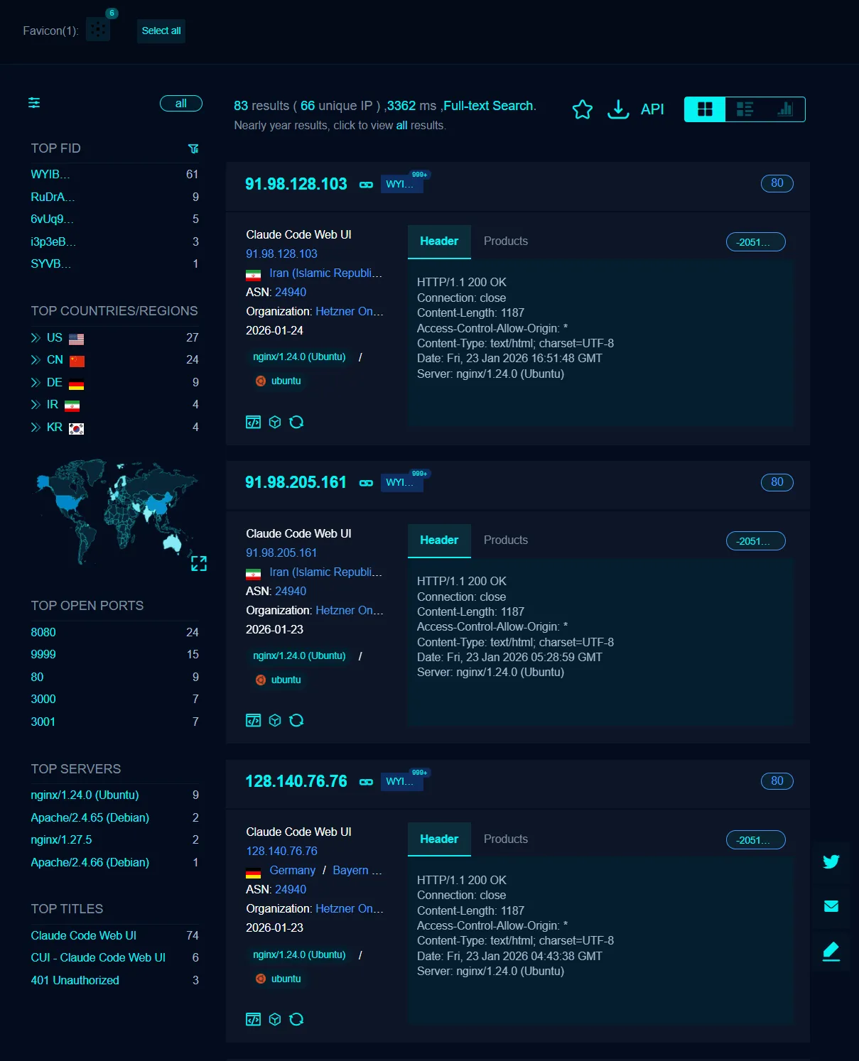 FOFA results showing 83 exposed instances