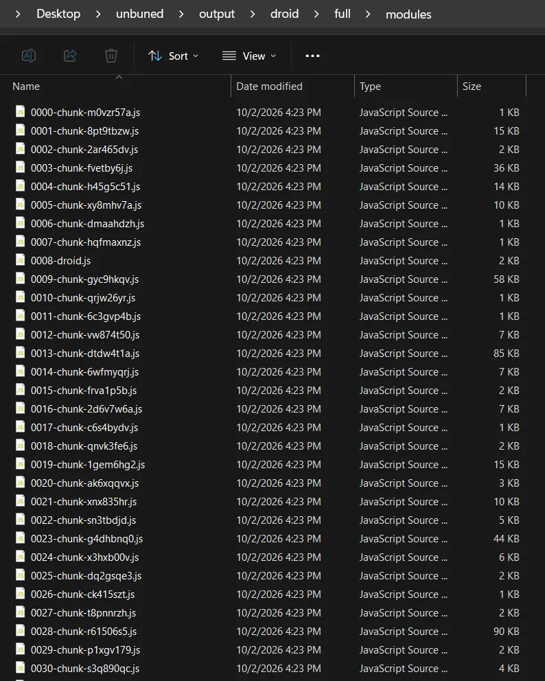 Explorer showing the droid modules folder unbuned wrote, with the chunk files named from the module graph